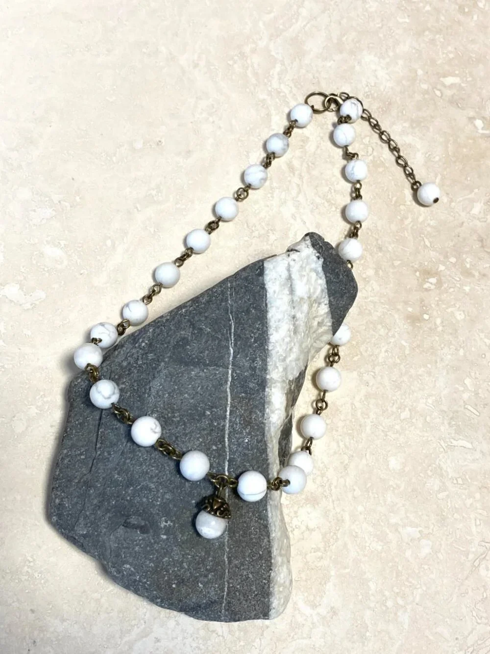 Genuine White Magnesite Short Necklace, Natural Gemstone & Bronze Acorn Pendant - Picture 5 of 13